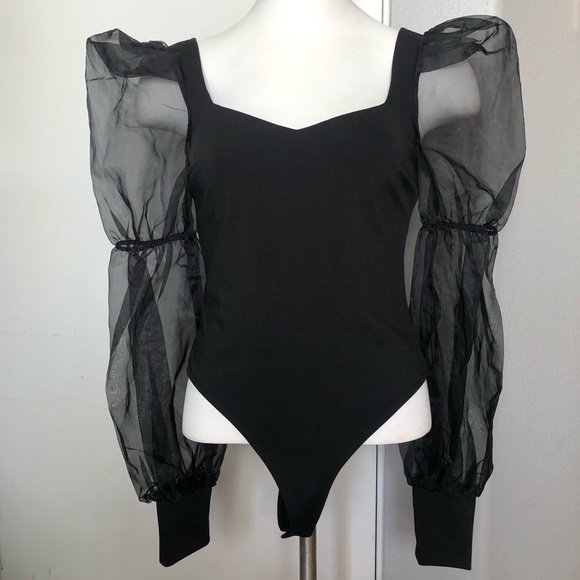 Organza Puff Long Sleeve Thing Bodysuit Top - Picture 2 of 6